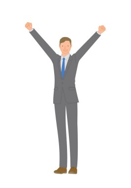 İş elbisesi içinde gülümseyen genç adam: Yumruk pompalayan bansai