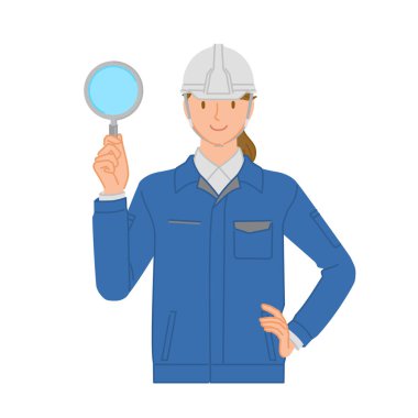 İş görüntüsü: Gülümseyen genç kadın (iş kıyafetleri ve miğfer): bir büyüteç tutuyor