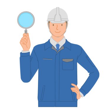 İş görüntüsü: Gülümseyen genç adam (iş kıyafetleri ve miğfer): bir büyüteç tutuyor