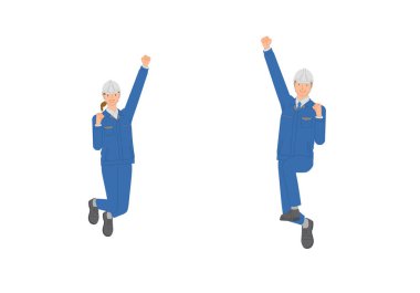 İş imajı: Kask takan ve iş kıyafetleri giyen gülümseyen genç erkek ve kadınların yumruk pompasına atlaması