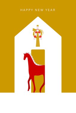 Yeni Yıl Malzemeleri: Shimenawa ile süslenmiş bir ev ve atın yer aldığı sade ve şık bir Yeni Yıl kartı malzemesi (At Yılı))