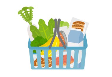 Sebze, et ve diğer malzemelerle dolu olduğu için ağır görünen bir alışveriş sepeti..