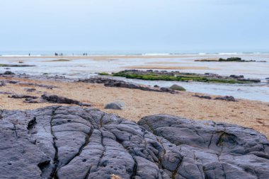 Sahilde kaya oluşumu ve sahilde yürüyen insanlar.