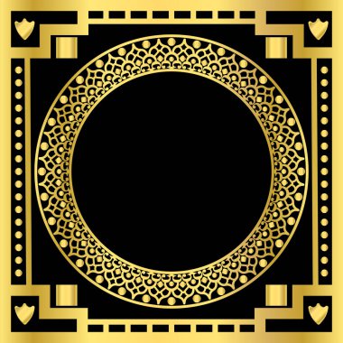 Altın çerçeveli siyah bir arka planda altın renkli lüks etnik yuvarlak süs. Dekoratif unsur. El çizimi. Vektör illüstrasyonu.