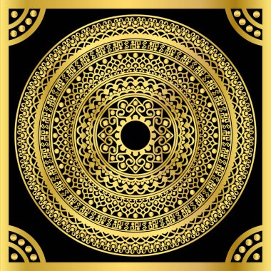 Altın çerçeveli siyah bir arka planda altın rengi mandala tarzı lüks etnik yuvarlak süs. Kapak için etnik sanat tasarımı, kart şablonu, broşür, baskı. Vektör illüstrasyonu.