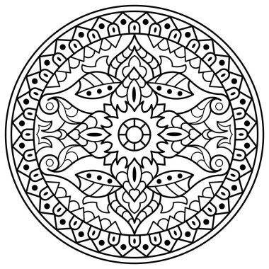 Mandala. Henna için etnik yuvarlak süs, dövmeler, dekorasyonlar. Boyama kitabı sayfası. Vektör illüstrasyonu..