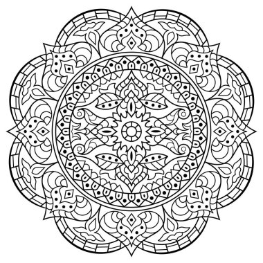 Mandala. Henna için etnik yuvarlak süs, dövmeler, dekorasyonlar. Boyama kitabı sayfası. Vektör illüstrasyonu..