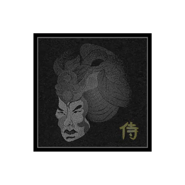  Japanese samurai head is drawn in mosaic style on a black background. Kabuki actor. This vector design is perfect for a black textured t-shirt. Vector illustration.