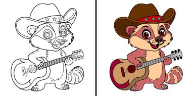 Cute cartoon badger with guitar wearing a cowboy hat.Coloring page. Vector illustration.