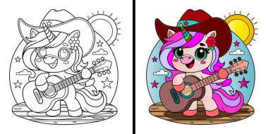 Gitarlı, kovboy şapkası takan şirin tek boynuzlu at. Boyama sayfası. Vektör illüstrasyonu.