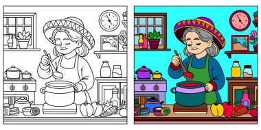 Büyükannem mutfakta. Boyama sayfası. Vektör illüstrasyonu.