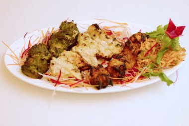 Sizzling Spice Sensation: Tandoori Chicken ve ağız sulandıran kebapların yer aldığı bir tabakta keyif çatmak, mis kokulu nane, turşu kokulu soğan halkaları ve gevrek lahana telleri ile süslenmiş, tat ve doku senfonisi vaat eden.