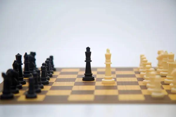 Stratejik olarak dizilmiş siyah beyaz satranç taşları olan bir satranç tahtası. Parçaların düzenlenmesi, kralların karşı karşıya geldiği stratejik bir oyun pozisyonu olduğunu gösteriyor..