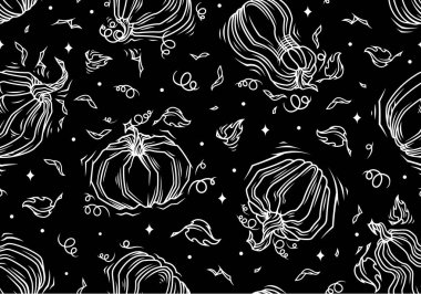 Kabak temalı kusursuz desen, giysi süsleri, eskiz defterleri, el sanatları için arka plan. Sebzeler, balkabakları, yapraklar, desen, doğrusal, el çizimi, karalama, duvar kağıdı, cadılar bayramı