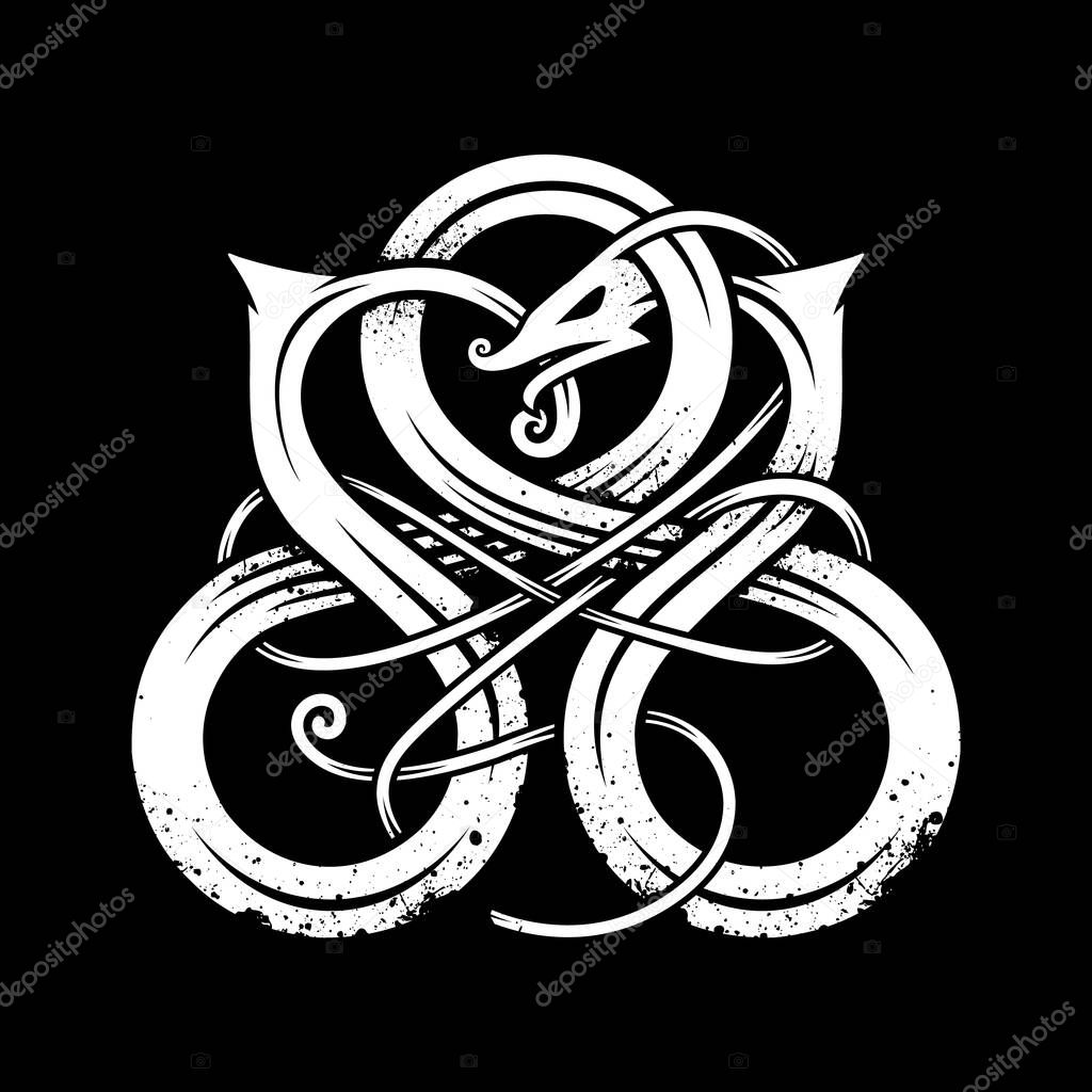 Scandinavian Celtic Viking ornament symbol of the trinity in a dragon form, wrapped itself around the earth Midgard  who grabbed his own tail. Illustration on a black background, white vector, doodle