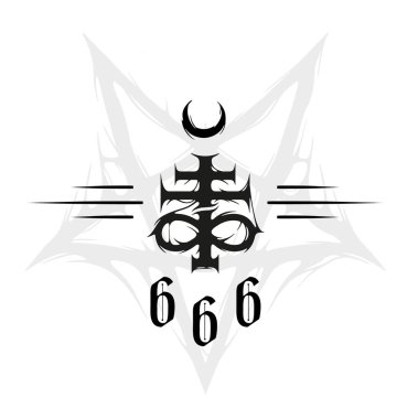 Leviathan çaprazında pentagramın arka planında satanist semboller, okültün sembolleri, siyah beyaz bir arka planda. Dövme, tişört baskısı, mistisizm, Lucifer, vektör karalama
