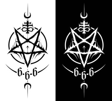 Şeytani okült işaretlerin ve mistik sembollerin siyah beyaz arka planı üzerine vektör. Ters Pentagram, 666, Canavarın Numarası, Leviathan Haçı. Parmak izleri ve dövmeler için harika. Şeytan.