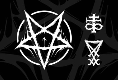 Doğaüstü işaretler. Ters pentagram, 666, Leviathan timsahları. Şeytani Semboller, Ortaçağ Okültizmi, Sihirli Damgalar, Mühürler, Anahtarlar, Mistik Semboller Düğümleri, Şeytan Haçı. Mühür Lucifer Baphomet vektörü