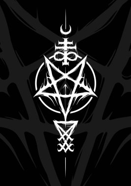 Doğaüstü işaretlerin dövmesi. Ters pentagram, Leviathan timsahları ve Lucifer mührü. Şeytani Semboller, Ortaçağ Okültizmi, Sihirli Damgalar, Mühürler, Mistik Semboller Düğümleri, Şeytan Haçı. Vektör