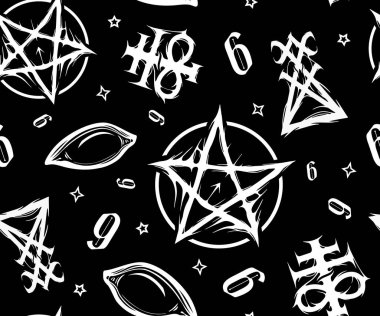Kusursuz desenli siyah arkaplan şeytani semboller, okültizm, Leviathan Haçı, pentagram, gözbebeği olmayan göz, Lucifer 'in mührü, 666. Vektör resmi, tekstil, arkaplan resmi, yazdırma ürünü için uygun