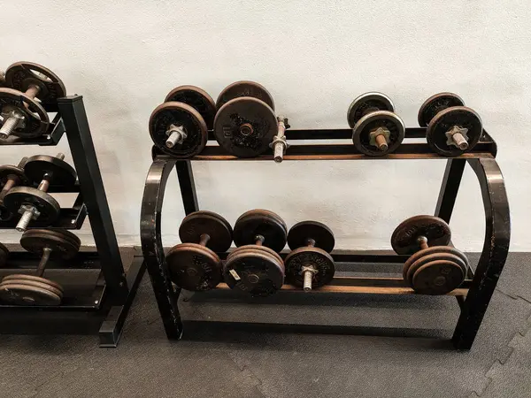 stock image Organized Heavy Dumbbells on a Rack in Modern Gym, Fitness Strength Equipment