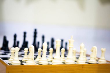 Satranç tahtası ilk kurulum senaryosunu sergiliyor, eleştirel düşünme ve strateji geliştirme üzerine odaklanmış öğretici içeriği, yarışmaları veya beyin oyunlarını temsil ediyor.