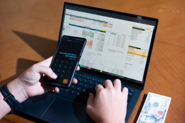 Bir kişi yolculuk maliyetini hesaplamak için bir dizüstü bilgisayar ve bir cep telefonu kullanıyor. Dizüstü bilgisayar ekranında çeşitli sayılar ve hesaplamalarla birlikte bir hesap tablosu gösteriliyor