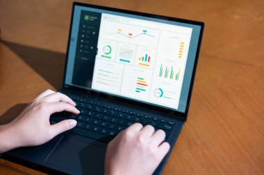 Bir iş adamının dizüstü bilgisayarda hesap tablosunu incelerken not alırken omuz üstü görüntüsü.