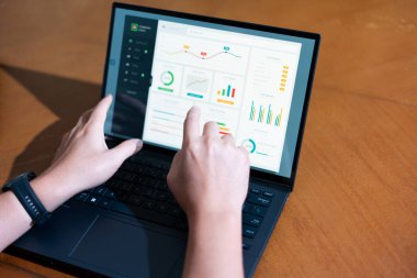 Bir iş adamının dizüstü bilgisayarda hesap tablosunu incelerken not alırken omuz üstü görüntüsü.