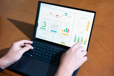 Bir kişi grafikleri ve grafikleri görmek için dizüstü bilgisayar kullanıyor. Dizüstü bilgisayar çeşitli veri noktaları ve eğilimleri gösteren bir ekrana açıktır. Kişi görüntülenen bilgilere odaklanmış gibi görünüyor