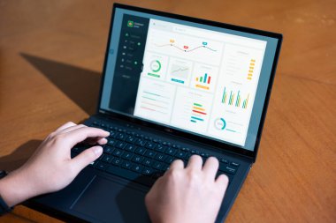 Bir iş adamının dizüstü bilgisayarda hesap tablosunu incelerken not alırken omuz üstü görüntüsü.