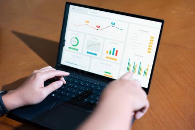 Bir kişi grafiklere ve çizelgelere bakmak için dizüstü bilgisayar kullanıyor. Dizüstü bilgisayar çeşitli grafik ve grafikleri gösteren bir ekrana açıktır. Kişi ekranda gösterilen verilere odaklanmış gibi görünüyor