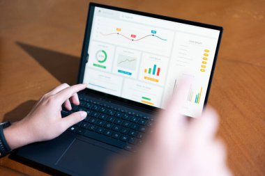 Bir iş adamının dizüstü bilgisayarda hesap tablosunu incelerken not alırken omuz üstü görüntüsü.