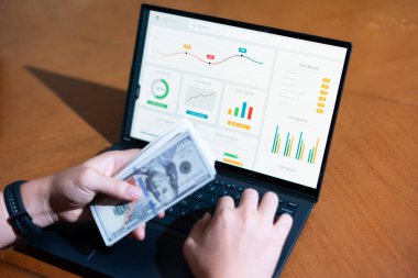 Bir insan grafiğe para girmek için dizüstü bilgisayar kullanıyor. Grafik, paranın zaman içindeki değerini gösterir.