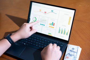 Bir iş adamının dizüstü bilgisayarda hesap tablosunu incelerken not alırken omuz üstü görüntüsü.