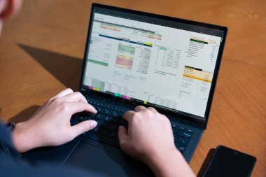 Bir kişi dizüstü bilgisayarda hesap tablosu açık bir şekilde yazıyor. Laptop ahşap bir masanın üzerinde.