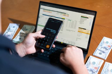 Bir kişi toplam para miktarını hesaplamak için bir dizüstü bilgisayar ve bir cep telefonu kullanıyor. Dizüstü bilgisayar ekranında çeşitli sayılar ve hesaplamalarla birlikte bir hesap tablosu gösteriliyor