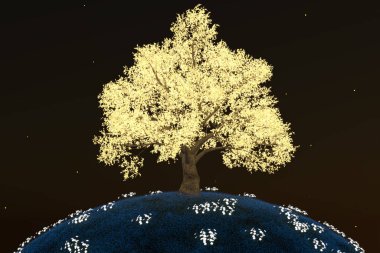 Yıldızlı bir gökyüzünün altında parlayan bir ağaç