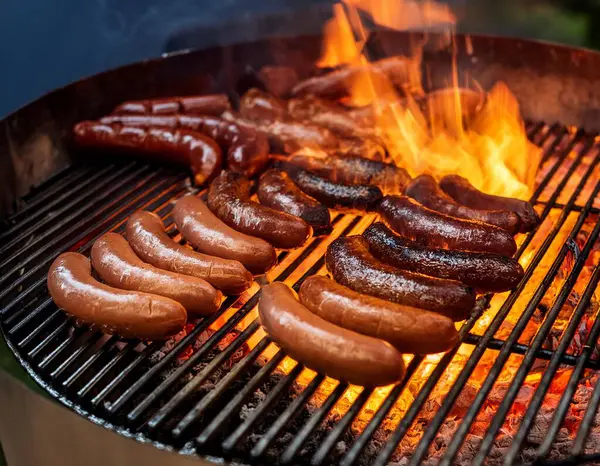 Odun ateşinde ızgara sosis ve bifteğin tadını çıkarın. Mükemmel kavrulmuş. Bu dumanlı ziyafet gerçek barbekü tatları sunuyor, gerçek bir açık hava yemek deneyimi için iştahınızı ateşliyor. Saf duyusal zevk.!