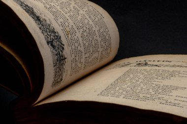 Antika senaryoları ve zarif ciltleri olan çok eski tarih kitapları. Giyinik deri kapaklar, yaldızlı detaylar ve yıllanmış sayfalar yüzyıllar süren bilgi, işçilik ve kültür mirasını yansıtıyor..