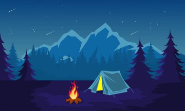 Gece kampı dağlarda. vektör karikatür çizimi.