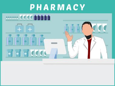 Eczanedeki eczacı, vektör illüstrasyonu