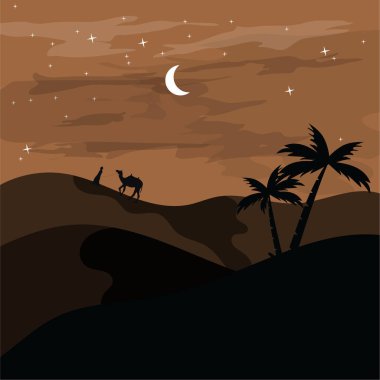 Çöl manzarası vektör illüstrasyonunda deve