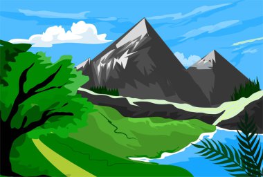 Nehir, nehir ve ağaçlarla kaplı dağ manzarası.