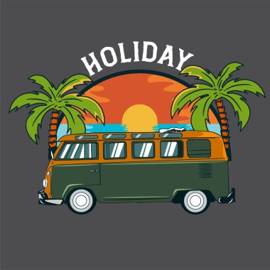 Plajda palmiye ağacı ve iki ağacı olan bir retro otobüsün vektör çizimi.