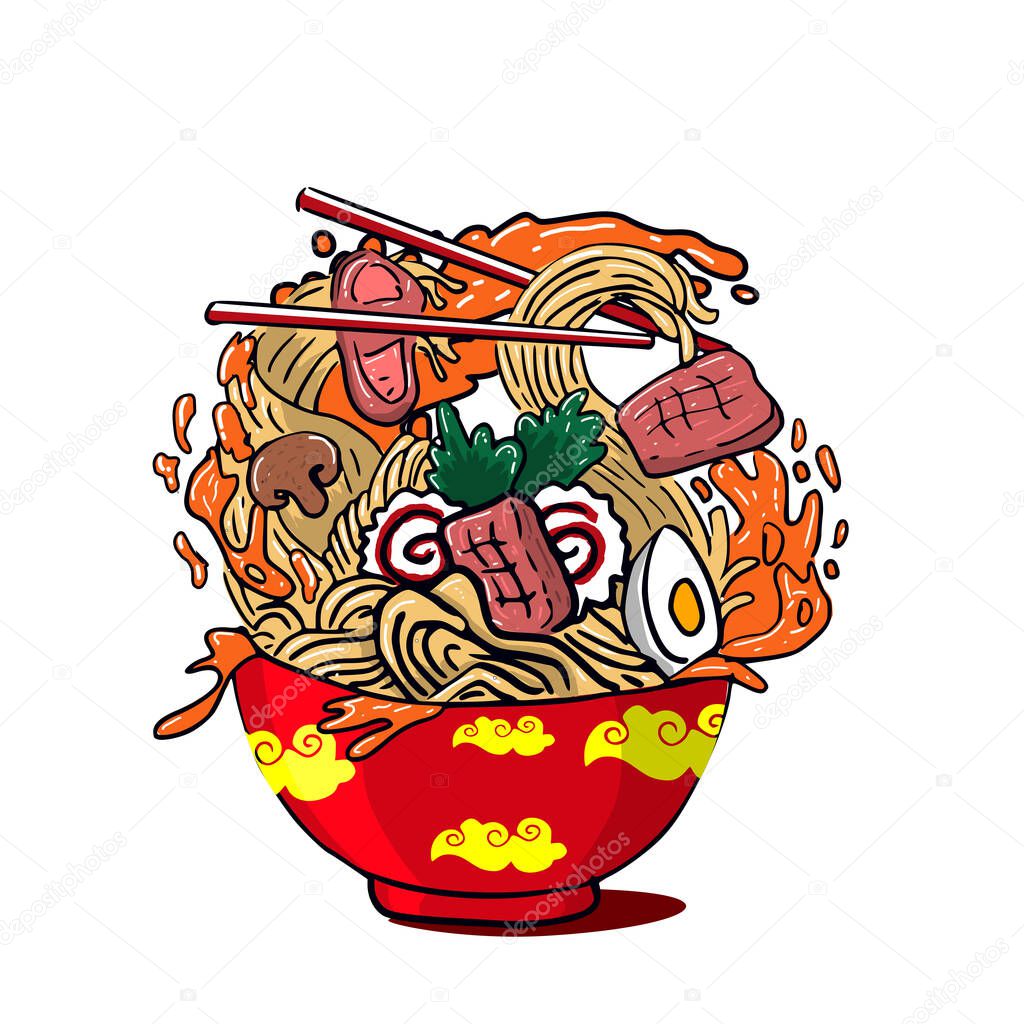 Vector of ramen noodles in red bowl, contain of meat, egg and green vegetables