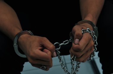 prisoner concept,Handcuffed hands of a prisoner in prison, Male prisoners were severely strained in the dark prison, violence,