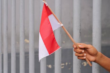 Beyaz arka planda Endonezya bayrağı tutan adam