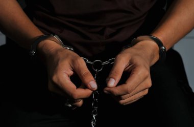 prisoner concept,Handcuffed hands of a prisoner in prison, Male prisoners were severely strained in the dark prison, violence,
