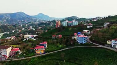 Yukarıdan büyüleyici görüntüler yakalıyor. Yüksek çözünürlüklü Merkez, Rize, Türkiye - 20 Mart 2024 'te bir dağdaki küçük bir köy evinin kuş bakışı görüntüsü
